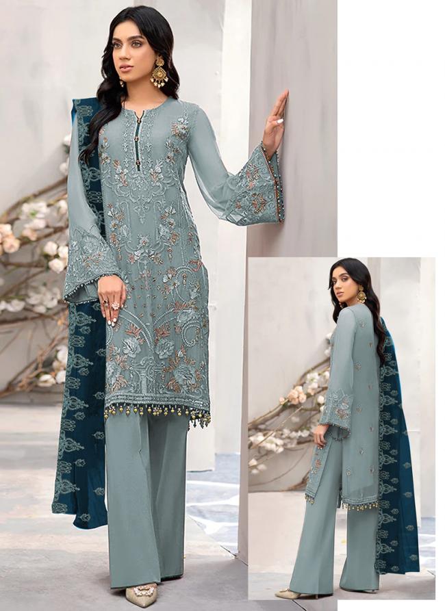 Faux Georgette Dusty Blue  Festival Wear Embroidery Work Pakistani Suit